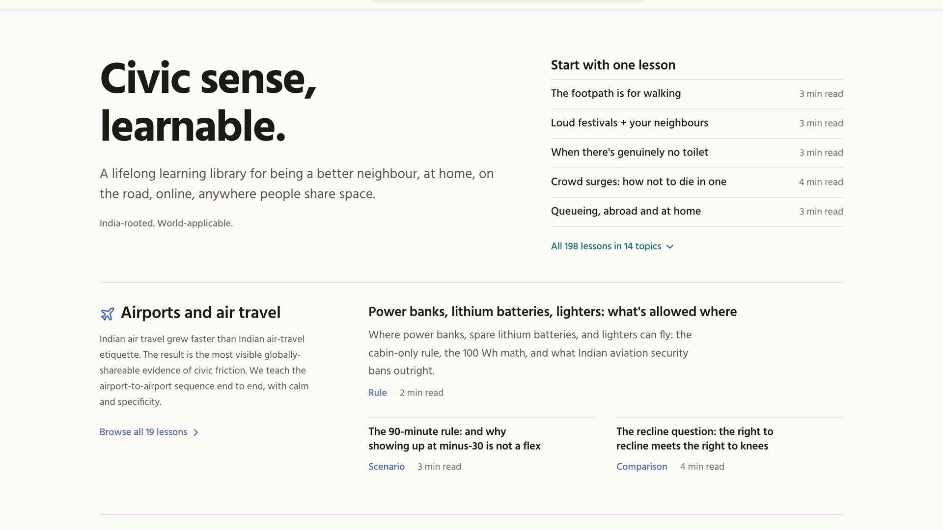 The homepage of learncivicsense.in, a free library of short lessons on civic sense in India