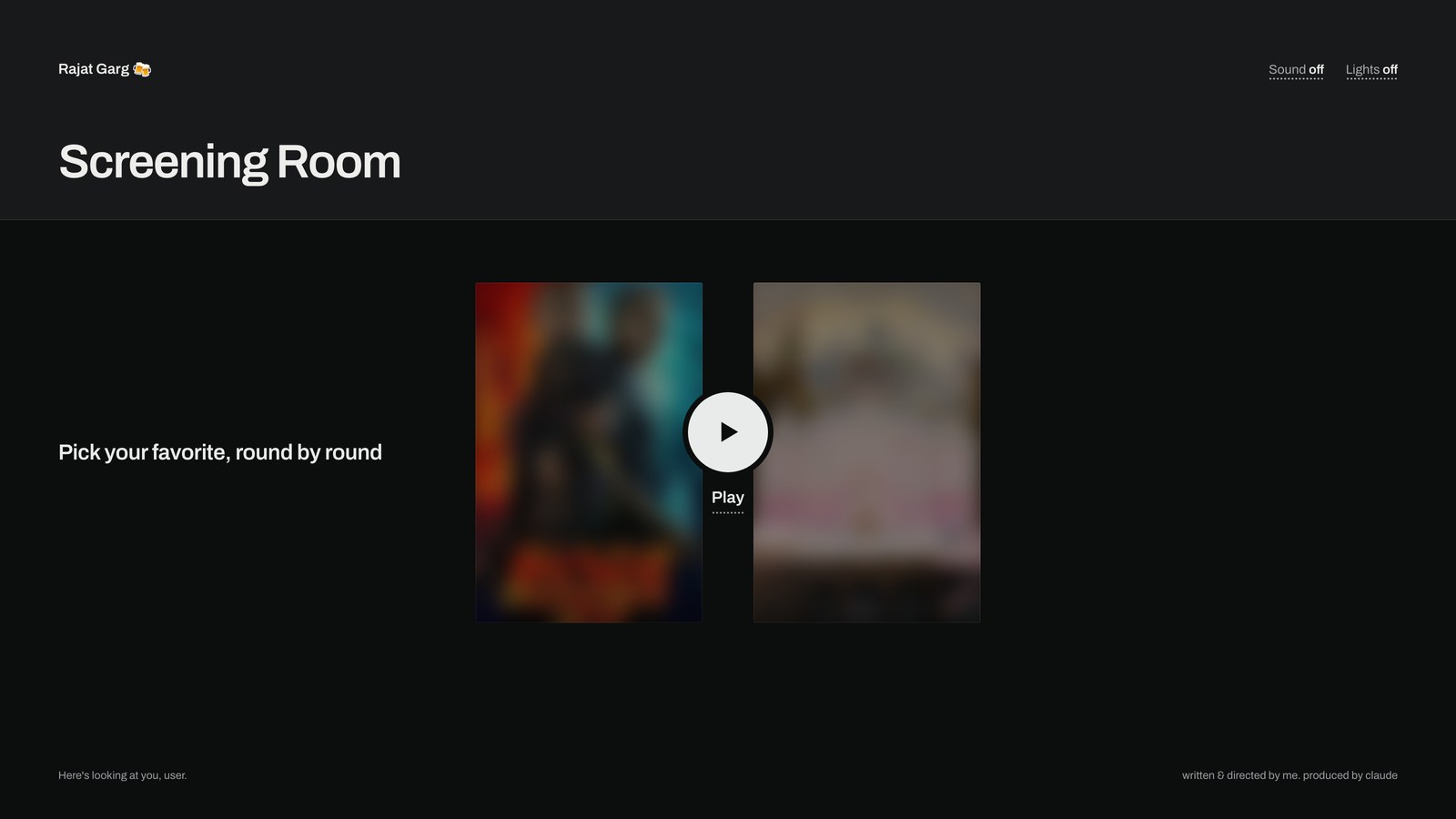 Screening Room, a movie bracket game: two blurred posters under a Play button