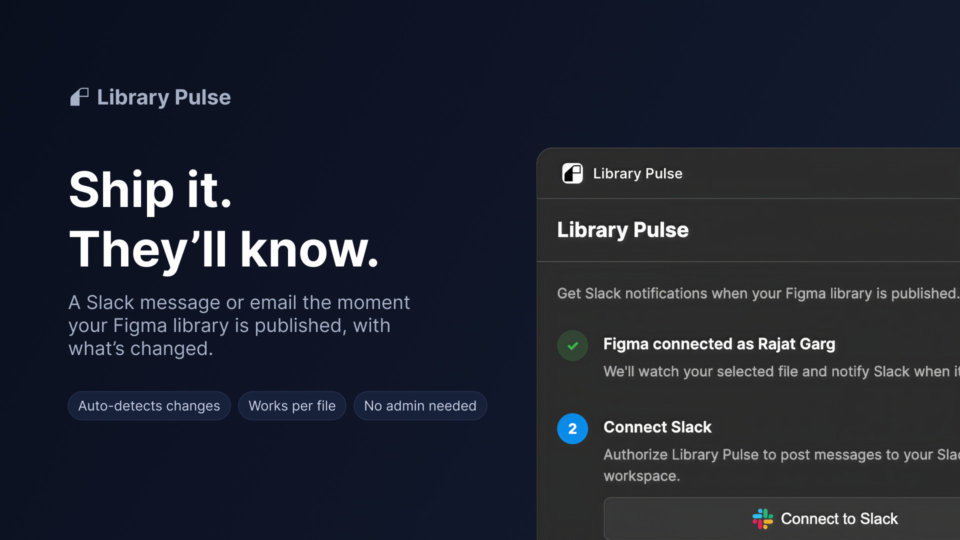 Library Pulse: "Ship it. They'll know." beside the plugin's window, with Figma connected and Connect to Slack next